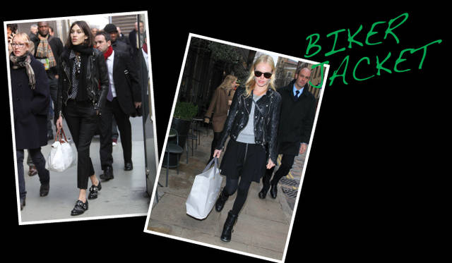 <strong>セレブリティスナップから読み解くリアルトレンド！</strong>　クールでモダンな表情を楽しむなら、バイカージャケットがお薦めのアイテム。アレクサ・チャンは、バーバリーのバイカージャケットのインナーにドット柄シャツを合わせて茶目っ気をプラス。ケイト・ボスワースはミニスカートでガーリーなニュアンスをくわえた着こなしを。　©BURBERRY