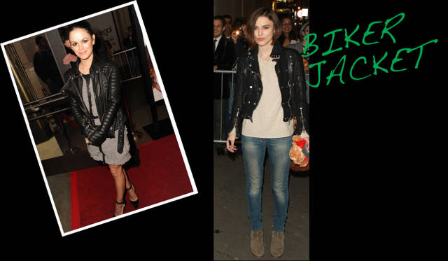 <strong>セレブリティスナップから読み解くリアルトレンド！</strong>　レイチェル・ビルソンは、ティアード状にフリルがほどこされたドレスの上にバーバリーのバイカージャケットをオン。キーラ・ナイトレイは、シンプルなニットとデニムの上に羽織って、思い切りメンズライクにまとめた。　©BURBERRY