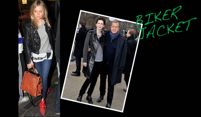 <strong>セレブリティスナップから読み解くリアルトレンド！</strong>　靴とバッグのカラーコーディネイトで遊んだシエナ・ミラー。アウターとインナーの丈バランスも絶妙。ステラ・テナントは袖にびっしりスタッズがあしらわれたフォトジェニックなロング丈を堂々と着こなして。フォトグラファーのマリオ・テスティーノのともに。　©BURBERRY