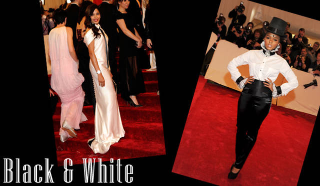 <strong>特集｜セレブリティの最新ドレススタイルをチェック！</strong>　<strong>（左）</strong>ニューヨーク・メトロポリタン美術館ファッションインスティテュートガラにてキャッチしたFreida Pinto（フリーダ・ピントー）が選んだドレスは、ボウタイのディテールがユニークな「CHANEL（シャネル）」のオートクチュールのドレス。この春夏のキーカラーでもあるホワイトをレッドリップで引き締め、モードに着こなしている。　<strong>（右）</strong>普段からパンツスタイルの多いJanelle Monae(ジャネル・モネイ)はこの日、「シャネル」のマニッシュなパンツルックで登場。シルクハットが彼女の個性的なキャラクターを引き立てる。　©GETTY