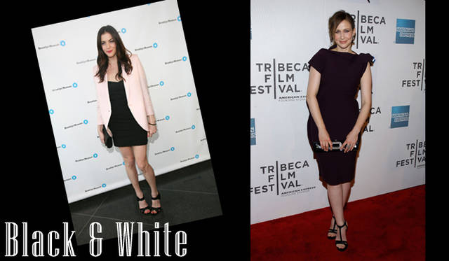 <strong>特集｜セレブリティの最新ドレススタイルをチェック！</strong>　<strong>（左）</strong>ブラックのミニドレスにオーバーシルエットのジャケットというマニッシュなスタイルで登場したLiv Tyler（リヴ・タイラー）。足もとは「Roger Vivier（ロジェ ヴィヴィエ）」を合わせ、フェミニンに仕上げている。　<strong>（右）</strong>トライベッカ・フィルム・フェスティバルに出席した女優のVeraFarmiga（ヴェラ・ファーミガ）もこの日、スリーブアレンジがユニークなドレスに「ロジェ ヴィヴィエ」のクラッチバッグをスタイリング。ブラックで統一したシックな着こなしを披露した。