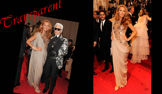 <strong>特集｜セレブリティの最新ドレススタイルをチェック！</strong>　素肌にビジューをまとっているかのような「シャネル」のヌーディなオートクチュールドレスをみごと着こなすBlake Lively（ブレイク・ライヴリー）。トーガをまとったギリシャ神話の女神のような圧倒的な美しさに思わず見とれてしまう。ニューヨーク・メトロポリタン美術館ファッションインスティテュートガラにて「シャネル」アーティスティック・ディレクター Karl Lagerfeld（カール・ラガーフェルド）とともに。　©GETTY