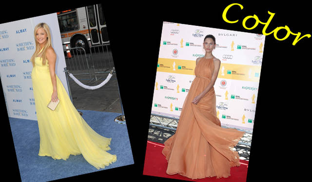 <strong>特集｜セレブリティの最新ドレススタイルをチェック！</strong>　<strong>（左）</strong>ロサンゼルスでおこなわれた映画『Something Borrowed』のプレミアに出席したKate Hudson（ケイト・ハドソン）が選んだのは小麦色の肌に映える鮮やかなイエローのロングドレス。「サルヴァトーレ フェラガモ」のイブニングクラッチバッグを合わせ、エレガンスをプラス。　©Gettyimages　<strong>（右）</strong>イタリア映画祭でキャッチしたBianca Balti（ビアンカ・バルティ）はこの日、「サルヴァトーレ フェラガモ」2011年春夏コレクションのドレス＆ベルトをチョイス。肌に馴染むやわらかなオレンジに、ゴールドのアクセサリーを合わせ、エキゾチックな印象に。　©Gettyimages