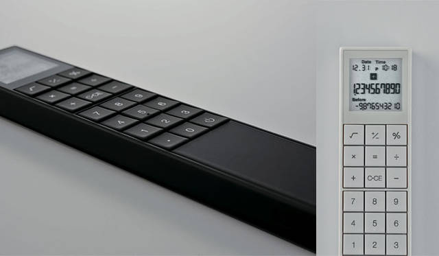 　trystrams電子計算機「X-viz」　左／ブラインドでも操作しやすいよう、わずかな曲面となる各スイッチ。右／ひとつ前の計算結果を画面下に「Before」として表示するショートメモリー機能付き