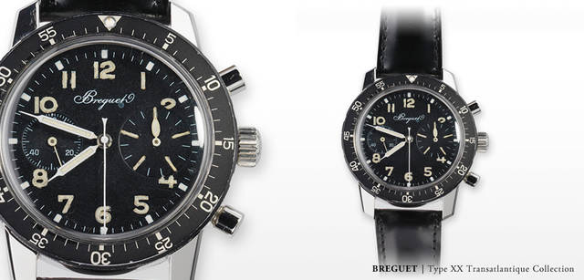 <strong>Breguet｜ブレゲ</strong>　タイプXX第二世代の「ブレゲNo.21122」。ミニッツ・カウンターを刻む厚く黒いベゼルを備えている。