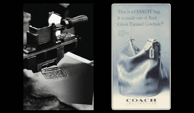 <strong>COACH｜コーチ　BASEBALL CHARITY</strong>　左／ファクトリーでレザーを加工するようす。コーチのバッグをつくるには、じつに100以上もの工程を経ており、高い技術をもつ熟練の職人のみがその作業にあたっている。　右／「グラブタン レザー」が開発された当時の広告ビジュアル。「This is a COACH bag.」と打たれたキャッチに、製品への揺るぎない自信が感じ取れる。