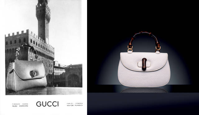 <strong>GUCCI│グッチ</strong> 京都・フィレンツェの伝統を未来につなぐ職人技 「時の贈りもの」 ～GUCCI90年のアーカイブ展～　左／1960年代の広告に使われたバンブーバッグ  Courtesy of GUCCI 、右／1947年のバンブーバッグ。　Photo by Guido Mocafico