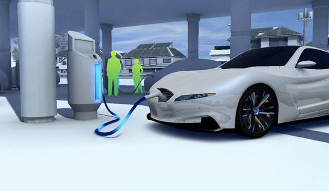 <strong>ELECTRIC DRIVING FOR SMART CITY｜日産 リーフ編</strong>　ソーラーEVステーションには蓄電池も備えられており、急速充電器が5機設置されている。