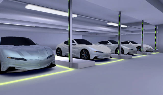 <strong>ELECTRIC DRIVING FOR SMART CITY｜日産 リーフ編</strong>　2020年の仮想社会。ビルの駐車スペースにEVが停車することによって、EVの電力がビルに提供される。クルマへの充電も可能だ。
