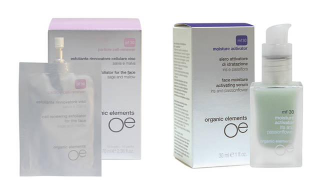 <strong>organic elements｜オーガニックエレメンツ</strong>　左／pf30 パーティクル セルリニューアー（ゴマージュ）、右／mf30 モイスチュアアクティヴェーター（美容液）8925円（30mL）