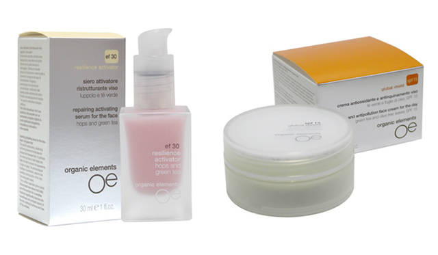 <strong>organic elements｜オーガニックエレメンツ</strong>　左／ef30 リジリアンス アクティヴェーター（美容液）、右／spf15 グローバルシールド（デイクリーム:SPF15）9450円（50mL）