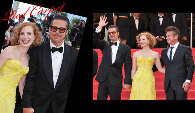 <strong>カンヌ国際映画祭2011</strong>｜みごとパルムドールに輝いたテレンス・マリック監督作『The Tree of Life』で、主演のブラット・ピットと夫婦役を演じたJessica Chastain（ジェシカ・チャステイン）は鮮やかなイエローが目をひくルイ・ヴィトンのドレスで登場した。『The Tree of Life』プレミアにて。左からBrad Pitt（ブラット・ピット）、Jessica Chastain（ジェシカ・チャステイン）、Sean Penn（ショーン・ペン）。