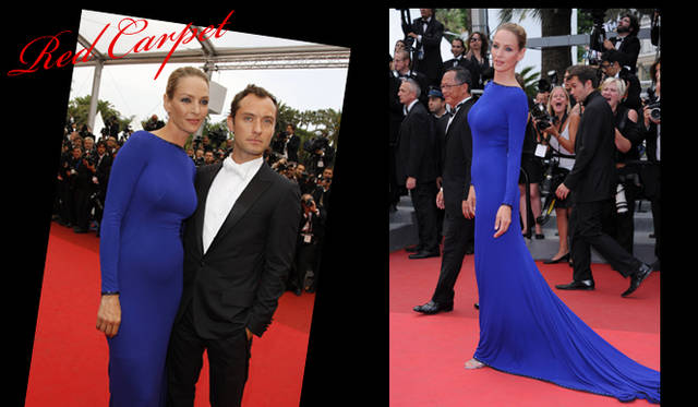 <strong>カンヌ国際映画祭2011</strong>｜Jude Law（ジュード・ロウ）とともにレッドカーペットにあらわれたUma Thurman（ユマ・サーマン）がまとっていたのは、ブルーが鮮やかなジョルジオ アルマーニのドレス。