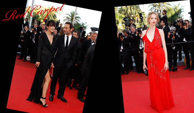 <strong>カンヌ国際映画祭2011</strong>｜（左）ロングスリーブと大胆なスリットのコントラストが印象的なブラックのドレスを選んだのはMalanie Doutey（メラニー・ドゥーテ）。トレードマークの黒髪ふくめ、シューズまでブラックで統一したミステリアスなドレススタイルを披露。　（右）目の覚めるような鮮やかな赤と透明感溢れる白い素肌のコントラストが美しい、モデル Daria Strokous（ダリア・ストロコウス）。