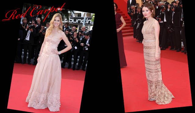 <strong>カンヌ国際映画祭2011</strong>｜（左）人気ブロガー Chiara Ferragni（キアラ・フェラーニ）はこの日、ヌーディなピンクにフリルというロマンティックなアルベルタ フェレッティのドレスで登場した。　（右）『Sleeping Beauty』プレミアに登場したEmily Browning（エミリー・ブラウニング）は、異なるレースを組み合わせたヴァレンティノ2011年秋冬プレコレクションのドレスを。