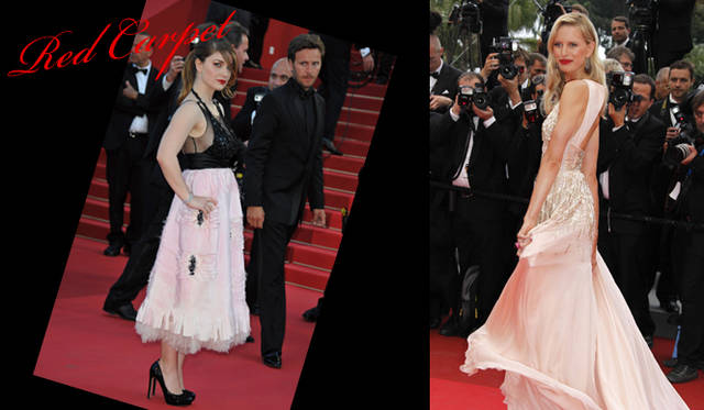 <strong>カンヌ国際映画祭2011</strong>｜（左）ブラックとピンクのバイカラーに、レッドリップという個性的なスタイルで登場したのはU2のフロントマン Bono（ボノ）の娘で女優のEve Hewson（イヴ・ヒューソン）。ドレスはシャネルの2011年春夏コレクションより。　（右）karolina kurkova（カロリナ・クルコヴァ）は『パイレーツ・オブ・カリビアン／生命(いのち)の泉』プレミアでみせたモードなブラックミニドレスから一変、柔らかなウェーブを描くブロンドにホワイトのロングドレス、仕上げにレッドリップという、まるでマリリン・モンローのようなスタイルで登場。