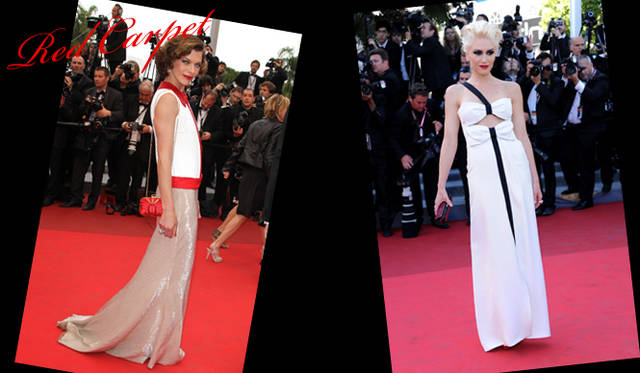 <strong>カンヌ国際映画祭2011</strong>｜個性的なふたりが選んだのは差し色を効かせたモードなスタイル。　（左）セルジオ・ロッシのクラッチをはじめ、差し色を“赤”で統一したスタイルの仕上げはレッドリップ！　Milla Jovovich（ミラ・ジョヴォヴィッチ）を『La Conquete』プレミアにてキャッチ。　（右）フェミニンなリボンディテールを黒のラインで引き締めたシックなドレスを選んだのはGwen Stefani（グウェン・ステファニー）。強烈な彼女のキャラクターとのギャップが印象的だ。