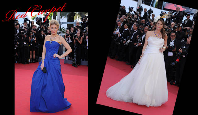 <strong>カンヌ国際映画祭2011</strong>｜（左）モスキーノのドレスをまとったHofit Golan（ホフィット・ゴーラン）。レッドカーペットにビビットなブルーが映える。　（右）『Vogue Nippon』のファッションディレクターとしておなじみのAnna Dello Russo（アンナ・デッロ・ルッソ）。大胆なスタイルが話題の彼女が『The Tree of Life』プレミアに選んだのはアルベルタ フェレッティのホワイトドレス。個性的な帽子とボリュームのあるアクセサリーづかいで彼女流に着こなした。