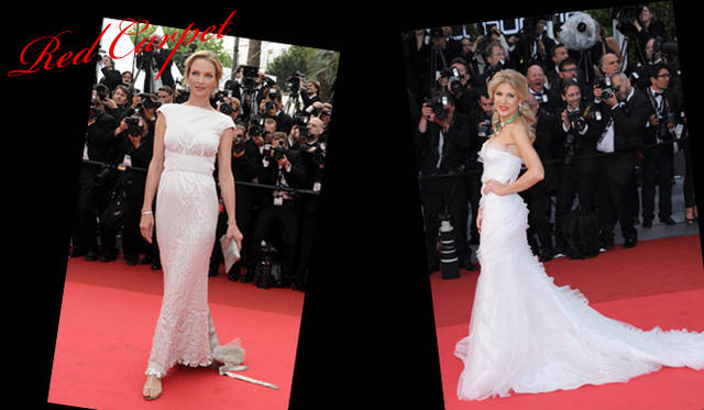<strong>カンヌ国際映画祭2011</strong>｜（左）Uma Thurman（ユマ・サーマン）はシャネルクチュールコレクションよりホワイトのドレスをジミー チュウのサンダルでカジュアルダウン。こなれた着こなしを披露した。　（右）Hofit Golan（ホフィット・ゴーラン）はアルベルタ フェレッティのゴージャスなホワイトドレスで登場。