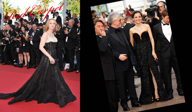 <strong>カンヌ国際映画祭2011</strong>｜（左）Sara Forestier（サラ・フォレスティエ）は、ウエストマークされたゴージャスな総レースのドレスにサルヴァトーレ フェラガモのイブニングクラッチを合わせ、『Tree Of Life』プレミアへ。©Gettyimages　（右）『La Piel Que Habito』プレミアに登場したElena Anaya（エレナ・アナヤ）は、大胆なスリットがほどこされたセクシーなブラックドレスを胸もとに輝くジュエリーでエレガントに仕上げた。シューズはサルヴァトーレ フェラガモ。