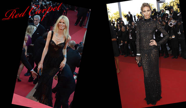 <strong>カンヌ国際映画祭2011</strong>｜（左）Claudia SCHIFFER（クラウディア・シファー）は繊細なレースが美しいシャネルクチュールコレクションのブラックドレスをチョイス。アイコンであるカメリアモチーフのネックレスが印象的な、エレガントなスタイルを披露した。　（右）モデルのAnja Rubik（アンニャ・ルービック）は身体にぴったりとフィットする総レースの大胆なドレスで登場。ルーズにまとめられたヘアでほどよいヌケ感をプラス。ジュエリーはショパール。