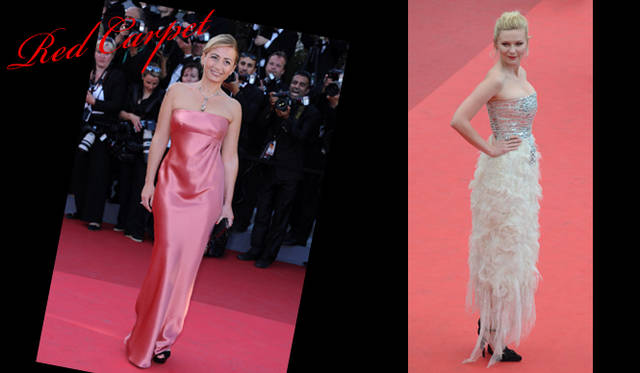 <strong>カンヌ国際映画祭2011</strong>｜（左）Daniela Sorrentino（ダニエラ・ソレンティーノ）はシルキーなジョルジオ アルマーニのベアドレス。小物をブラックでまとめ、差し色に。　（右）ラース・フォン・トリアー監督作『Melancholia』に出演し、みごと女優賞の栄冠を手にしたKirsten Dunst（キルスティン・ダンスト）が授賞式に選んだのは、ふんだんにほどこされたフリルと、シルバーのタイトなベアトップとのコンビネーションが印象的なシャネル2010年オートクチュールコレクションのドレス。トロフィーをもつ手がクローズアップされることを見越してか、ジュエリーはベアトップに合わせ、シャープなダイヤモンドの輝きを手もとに。