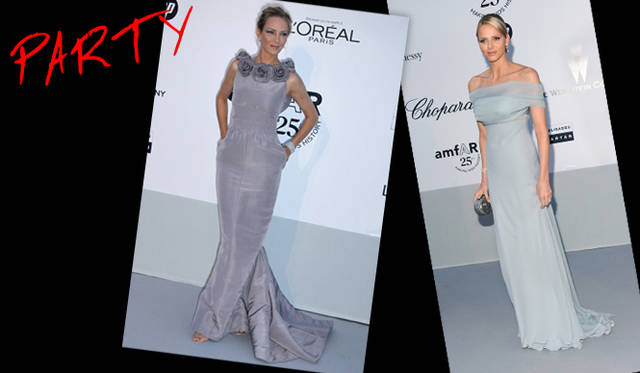 <strong>カンヌ国際映画祭2011</strong>｜（左）Uma Thurman（ユマ・サーマン）胸もとに飾られたバラのモチーフとニュアンスのあるグレーの色味が神秘的なドレスは、ヴィンテージのシャネルオートクチュールコレクション。amfARチャリティガラにて。　©CHANEL　（右）淡いブルーのドレスで登場したのは元水泳選手 Charlene Wittstock（シャーリーン・ウィットストック）。とても元水泳選手とは思えないほど華奢な肩のラインを強調したオフショルダーのドレスは、ジョルジオ アルマーニのもの。