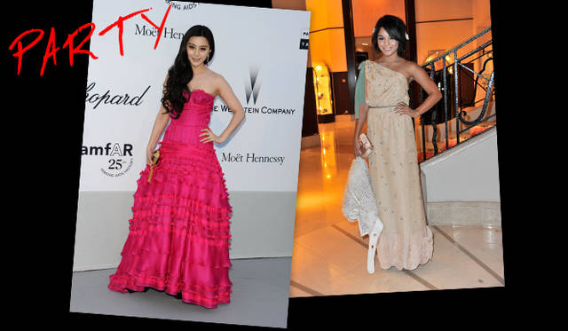 <strong>カンヌ国際映画祭2011</strong>｜（左）フリルがふんだんにほどこされたルイ・ヴィトンのロマンティックなビスチェドレスでamfARチャリティガラにあらわれたのは、中国の女優Fan Bing Bing（ファン・ビンビン）。アイカラーをビビットなブルーにするなど、ドレスに合わせメイクもアレンジ。　（右）歌手で女優のVanessa Hudgens（ヴァネッサ・ハジェンズ）は、パステルカラーにシルバーのビジュー、ピンクとイエローのフラワーモチーフが刺繍されたワンショルダードレスをチョイス。キュートな彼女にぴったりのドレスはフェンディのもの。