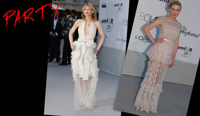 <strong>カンヌ国際映画祭2011</strong>｜（左）Courtney Love（コートニー・ラブ）はハンドステッチのレザーバンド、オストリッチフェザー、シルクオーガンザがあしらわれたジバンシィ オートクチュール バイ リカルド ティッシのオフホワイトドレスをまとい、amfARチャリティガラに登場。　（右）女優賞を手にしたKirsten Dunst（キルスティン・ダンスト）は、シャネル2011年春夏オートクチュールコレクションのドレスでamfARチャリティガラに出席。パウダーピンクの向こうに素肌が透けるドレスは、彼女のファンタジックなイメージによく似合う。　©CHANEL 