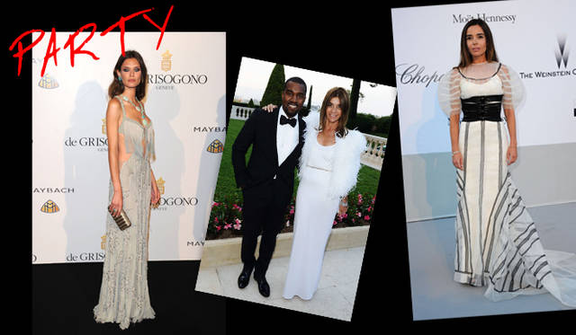 <strong>カンヌ国際映画祭2011</strong>｜（左）大胆に肌を露出したセクシーなロングドレスを着こなすのはBianca Balti（ビアンカ・バルティ）。グリーンのアクセサリーと同様に、クラッチバッグを印象的にコーディネイト。レザーディテールがほどこされたシルバーメタルのイブニングクラッチはサルヴァトーレ フェラガモのもの。ドゥ グリソゴノ主宰によるパーティにて。　©Gettyimages　（中）元『VOGUE PARIS』編集長 Carine Roitfeld（カリーヌ・ロワトフェルド）がジバンシィ オートクチュール バイ リカルド ティッシをまとい、amfARチャリティガラに登場。オストリッチフェザーがゴージャスなオールホワイトのコーディネイトは、ゴールドのベルトがアクセントとして効いている。隣はシンガーのKanye West（カニエ・ウェスト）。　（右）ふんわりと広がるバルーンスリーブが特徴的なルイ・ヴィトンのドレスで登場したのはElodie Bouchez（エロディ・ブシェーズ）。