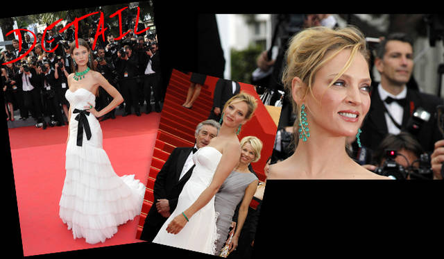 <strong>カンヌ国際映画祭2011</strong>｜今回ホワイトのドレスにグリーンのジュエリーを合わせるセレブリティが多くみられた。（左）Bianca Balti（ビアンカ・バルティ）がアルベルタ フェレッティのホワイトドレスに合わせたのは、大ぶりのエメラルドを贅たくに使ったドゥ グリソゴノのネックレスとイヤリング、そしてリング。©Getty Images　（右）Uma Thurman（ユマ・サーマン）はショパールのブレスレットとイヤリングをコーディネイト。