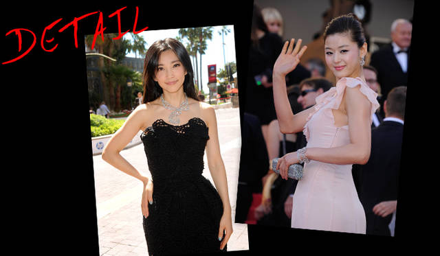 <strong>カンヌ国際映画祭2011</strong>｜（左）Li Bingbing（リー・ビンビン）が選んだレースのドレスの胸もとを飾るのは、レースのように繊細なラインを描くブシュロン「スカーレット」ネックレス。ネイルにもシルバーの輝きを飾ってダイヤモンドとコーディネイト。　（右）『The Artsit』プレミアに登場したJun Jihyun（チョン・ジヒョン）。柔らかなフリルが揺れるパステルピンクのドレスにピンクのリップ、そこにコーディネイトしたのはバラの花を思わせるダミアーニのロゼコレクション。