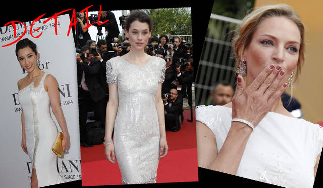<strong>カンヌ国際映画祭2011</strong>｜（左）19世紀の中国を舞台にした、ウェイン・ワン監督による米中合作映画『Snow Flower and the Secret Fan』のパーティに、主演を務めたLi Bingbing（リー・ビンビン）が登場。裾がアシンメトリーで個性的なホワイトドレスにはダミアーニのマスターピース「ヴルカーニア」のピアスをセレクト。　（中）Astrid Berges Frisbey（アストリッド・ベルジュ＝フリスベ）は、ドレスにほどこされたビジューに合わせ、ホワイトゴールドにダイヤモンドをあしらったショパールのブレスレットをコーディネイト。　（右）Uma Thurman（ユマ・サーマン）は、ダイヤモンドがほどこされたショパールのシャンデリアイヤリングをアクセントに、ホワイトのロングドレスをスタイリング。手もとにもさりげなくダイヤモンドを飾り、洗練されたスタイルを披露した。