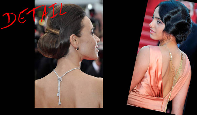<strong>カンヌ国際映画祭2011</strong>｜ドレスをまとうときはバックスタイルも注目されていることをお忘れなく！　（左）『Sleeping Beauty』プレミアにてキャッチしたElodie Bouchez (エロディ・ブシェーズ）は、ブシュロン「アバスカーフ」ネックレスを、背中にモチーフがくるよう前後逆にコーディネイトしてみせた。　（右）オレンジのドレスに、ゴージャスなブシュロン「エクスキーズコンフィデンス」バックネックレスを合わせたHafsia Herzi （ハフシア・ヘルジ）。自身のエキゾチックな雰囲気にマッチしている。