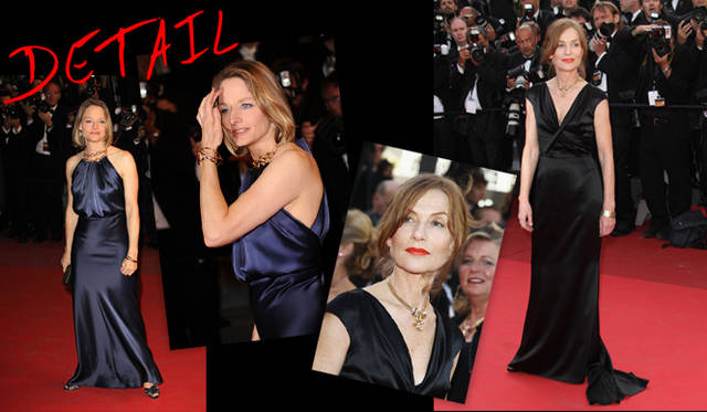 <strong>カンヌ国際映画祭2011</strong>｜（左）みずからメガホンをとった作品『The Beaver』のプレミアにてキャッチしたのはJodie Foster（ジョディ・フォスター）。この日、知的な印象のネイビーのシンプルなドレスに、ドレスの首もとにほどこされたチェーンディテールに合わせ、ブロンズカラーのブレスレットをコーディネイト。カラーをうまく使い、洗練されたスタイルを見せた。©Getty Images　（右）Isabelle Huppert（イザベル・ユペール）は、ヴァン クリーフ＆アーペルのアーカイブコレクション「パンピーユ」ネックレスをはじめ、アクセサリーをイエローゴールド、ピンクゴールドと、あたたかみのある色味で統一し、ブラックドレスをエレガントに着こなした。　©Getty Images