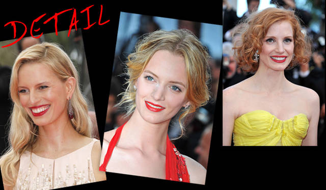 <strong>カンヌ国際映画祭2011</strong>｜ダークトーンのドレスに合わせればミステリアスに、カラードレスに合わせればより華やかに、どちらもモードな着こなしをかなえてくれるレッドリップにぜひ挑戦してみて！　（左）karolina kurkova（カロリナ・クルコヴァ）　（中） Daria Strokous（ダリア・ストロコウス）　（右）Jessica Chastain（ジェシカ・チャステイン）