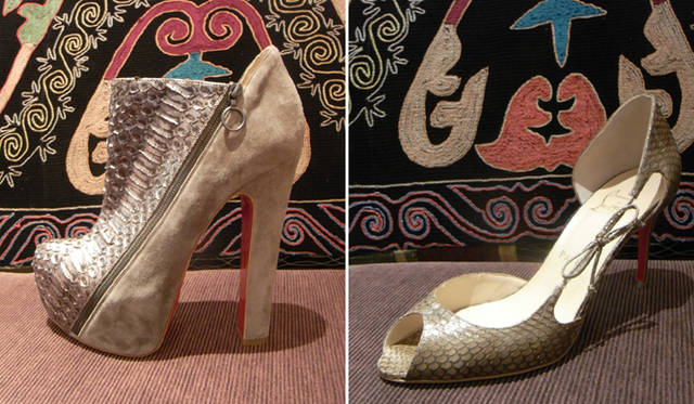 <strong>Christian Louboutin│クリスチャン ルブタン</strong>　左／「4A」プラットフォームブーティ [パイソンレザー] 15万7500円、右／「DELICO」オープントゥサンダル [コブラレザー] 13万1250円（ともにクリスチャン ルブタン／クリスチャン ルブタン銀座店）