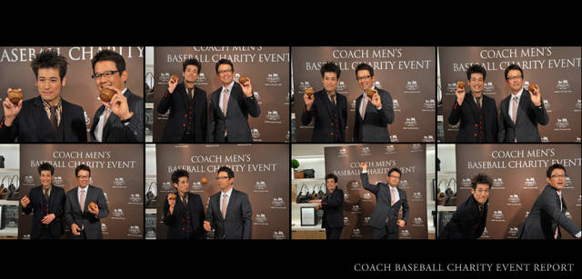 <strong>COACH｜コーチ　BASEBALL CHARITY EVENT REPORT</strong>　トークショー後、チャリティ アイテムのベースボールをもつ佐藤隆太さんと古田敦也さん。