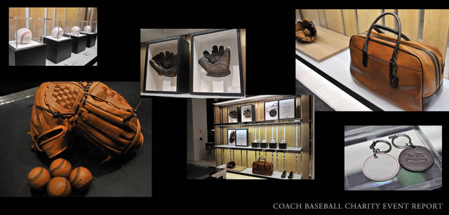 <strong>COACH｜コーチ　BASEBALL CHARITY EVENT REPORT</strong>　店内には、チャリティ アイテムだけでなく、貴重なアーカイブも展示された。左上から、スター選手のサイン入りベースボール、チャリティアイテムであるベースボール1万500円　グローブ4万2000円、1940年代にベーブ・ルースらが使ったグローブも、ダッフルバッグ　9万9750円、6月16日までにオンラインストアでメンズバッグを購入するとキーホルダーがプレゼントされる。