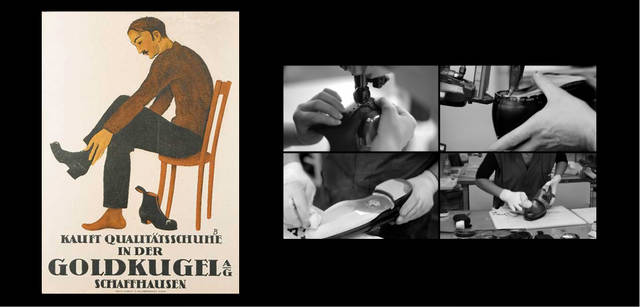 <strong>BALLY｜バリー</strong>　左／1920年につくられた広告ポスター。アートと広告を掛け合わせるという当時にしては斬新な表現方法で、つねに話題をさらっていた。右／職人たちの手仕事のようす。ひとつひとつ丁寧に仕上げられていく。