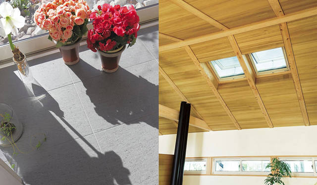 <strong>あたらしい時代づくりに取り組むひとと企業──積水ハウス編</strong>　写真左｜観環居の家族室には、陽射しの熱を蓄える蓄熱床を使用することで、主に夜間の暖房負荷を抑えることができる。 <br>写真右｜サーキュレーションシステムを搭載し、室内の気温を管理。ダクトをつうじて、夏は北庭の冷気を2階の小屋裏へ、冬は小屋裏の暖気を北側の洗面所に送るなど、自然の活かした温度管理が可能。