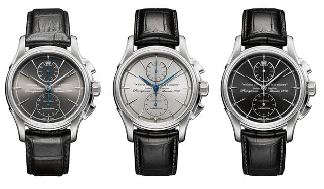 <strong>Hamilton｜ハミルトン</strong>　文字盤カラーはシルバー、グレー、ブラックの3つのタイプ。文字盤カラーごとに針の色遣いを微妙に変えてある。「ジャズマスター スピリット オブ リバティ」15万9800円（予価）。7月発売予定。