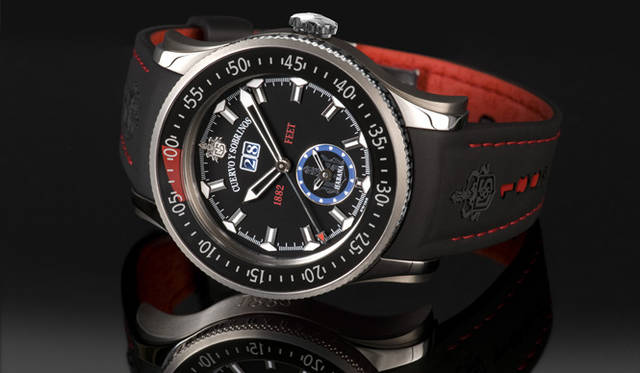 <strong>Cuervo y Sobrinos｜クエルボ・イ・ソブリノス</strong>　ダイバーズらしからぬ優雅で色気のあるデザインが魅力の600メーター防水の本格ダイバーズモデル。「ロブスト ブセアドール マンクアリ 1882」71万4000円（予価）。8月発売予定。