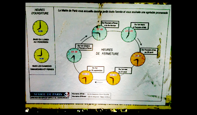 <strong>パリところどころ 003 オウ・ド・パリ</strong>　公園の門は日の出とともに開いて、日没に合わせて閉まります。