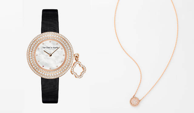 <strong>Van Cleef & Arpels｜ヴァン クリーフ＆アーペル</strong>　ラッキーデイ記念限定商品　左から チャーム ミニ ラッキー77エディション（PG、ダイヤモンド、ピンクサファイア） 236万2500円（77本限定）、ペルレペンダント（PG、ダイヤモンド）　40万9500円（200本限定）　※ラッキーデイ記念限定商品の売上の一部は大日本大震災の義援金として寄付される。