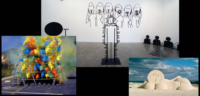 <strong>BALLY｜バリー</strong>　オラフ・ブルーニングの作品より。左／「Smoke Bombs」2008年。©Metro Pictures　中央／「Small Brain Big Stomach」2009年。©Metro Pictures　右／「Sand Scultpure」 2008年アートバーゼル マイアミビーチのアートプロジェクトの一環として。