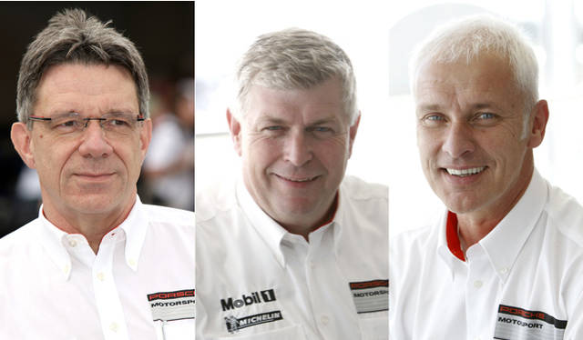 <strong>Porsche｜ポルシェ</strong>　写真左より、ポルシェのモータースポーツ部門を率いているヘルムート・クリステン、ポルシェAGヴァイザッハ研究開発センターのトップ、ヴォルフガング・ハッツ、ポルシェAG CEO マティアス・ミューラーの各氏。