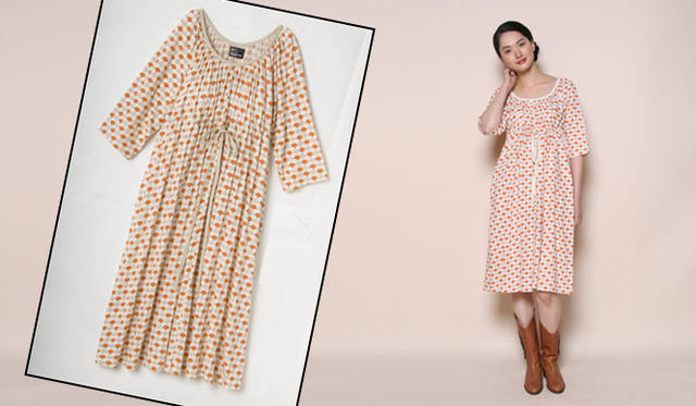 <strong>People Tree｜ピープル・ツリー</strong>　mintdesigns（ミントデザインズ） mintdesigns for People Tree　オーガニックコットン・ギャザードレス（オレンジ系） 1万3000円