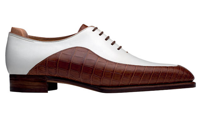 <strong>JOHN LOBB│ジョンロブ</strong>　ビスポーク「キャピタルコレクション」モデル「HONG KONG」　（ホワイトボックスカーフ×ゴールドクロコダイル、パイピング：ラムスキン、5ミリレザーソール、ベヴェルドウェスト、2.5センチヒール）