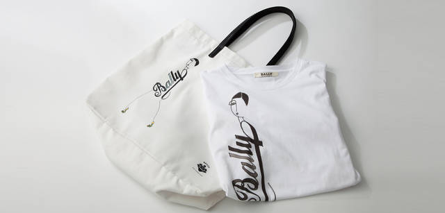 <strong>BALLY｜バリー　バリー 銀座店限定アイテム</strong>　今季バリーのイメージソースにもなった、アーカイブの広告ビジュアルで活躍したアーティスト　ベルナール・ヴューモからインスパイアされたイラスト入り。Tシャツ 2万1000円、トートバッグ 2万1000円（ともにバリー）